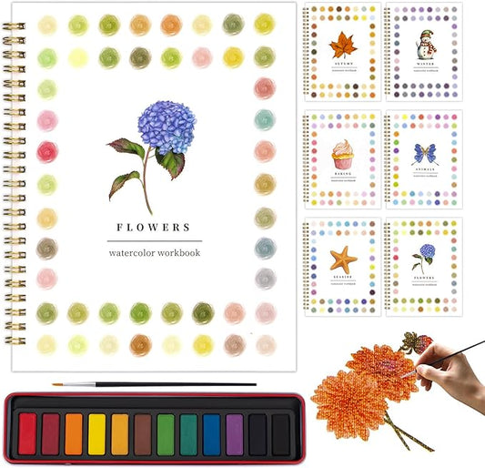 Metyond Beginner Watercolor Workbook Kit - Watercolor Painting Kit with 1 Workbook 12 Colors Paint Set with Brush, Beginner Friendly Watercolor Paint Set Gift for Adults Teens (Flowers)