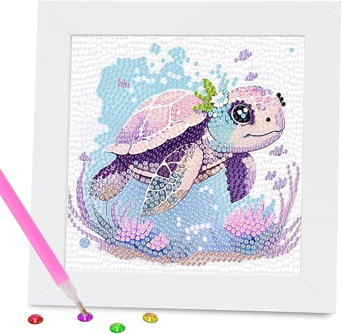FlyingMage 5D Diamond Art Painting Kits with Wooden Frame, Cute DIY Diamond Art Mosaic Kits for Adults Women Teen, Kawaii Diamond Crafts Arts Full Drill Diamond Dots (White Turtle)