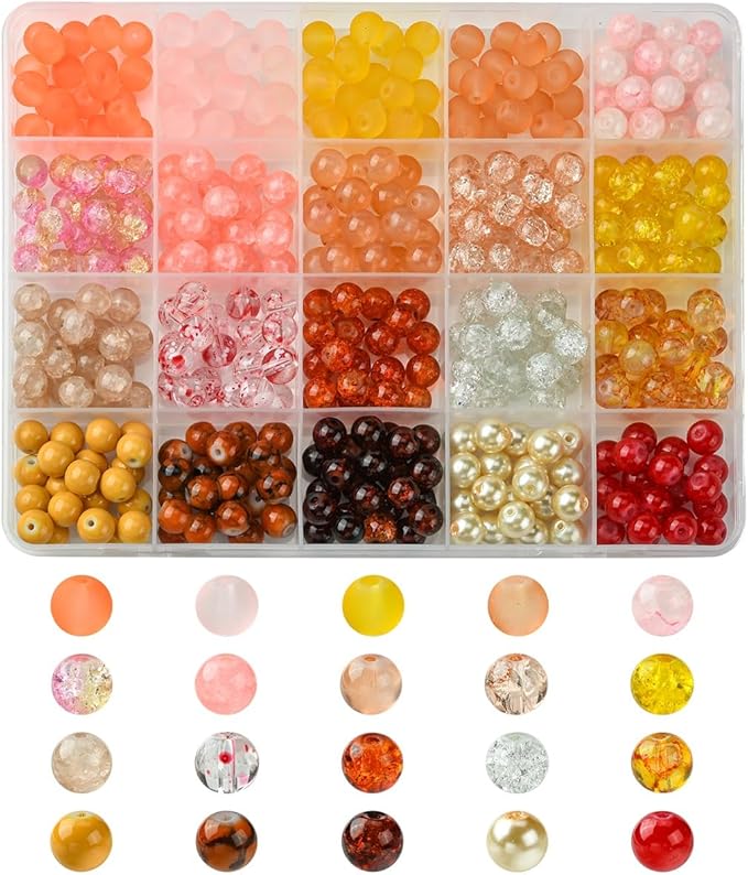 Echoed Elegance 8 Color Gradient Glass Beads Kit - 400pcs 8mm Round Beads for DIY Jewelry Making, Bracelets, Necklaces - Mixed Blending Color Craft Beads with Storage Box (Orange)