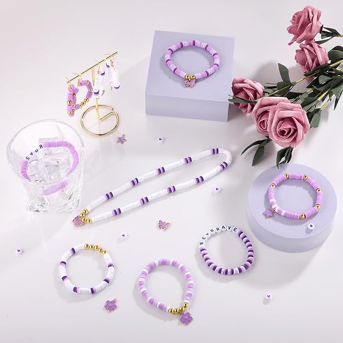 Purple Clay Beads, Purple Beads for Jewelry Making, 5000Pcs Heishi Beads for Friendship Bracelets Making Kit with Charms Letter Gold Beads, Party Birthday DIY Crafts for Women(6mm, 5 Colors)