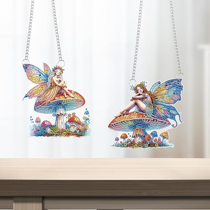 LazyFold 2PCS Diamond Art Hanging Pendant Kits for Adults, Mushroom Fairy DIY 5D Special Shape Diamond Art Painting Pendant Kits,Gem Art Suncatchers Painting Ornament for Home Garden Wall Decor Gift