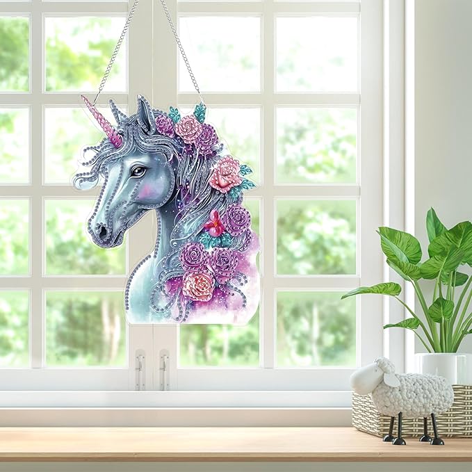Bowetile Horse Diamond Art Hanging Kits for Adults, 5D Special Shape Diamond Painting Flowers Pendant Kits, Animal Gem Art Suncatchers Painting Window Ornament for Home Garden Wall Decor