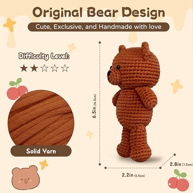 Amorloop Crochet Kit for Beginners – Easy-to-See Stitches Yarn, Pre-Started Piece, and Step-by-Step Video Tutorials | Starter Crochet Set with Cute Animal Pattern – Original Handmade Bear Pattern