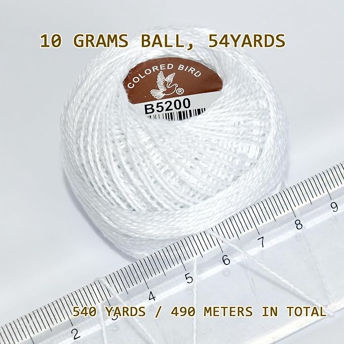 Double Mercerized Egyptian Long Staple Cotton Pearl Thread Ball 10 Grams Rainbow Color Embroidery Thread 10 Balls per Box for Crochet Hardanger Cross Stitch Hand Embroidery,White