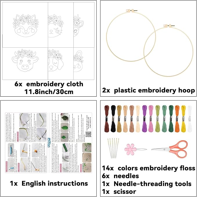 ORIGACH 6 Pack Animals & Floral Crown Embroidery Kits for Beginners, DIY Starter Hand Embroidery Kit with Floral and Dog Rabbit Fox Patterns and Instructions for Adults Women Crafting