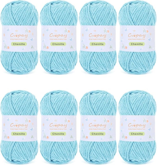 Coopay Chenille Yarn for Crocheting, 8 Pack Medium Weight Yarn - CYC #4 - Total 520yd, Soft Crochet Yarns for Plush Toys, Blankets, Scarves (Blue)