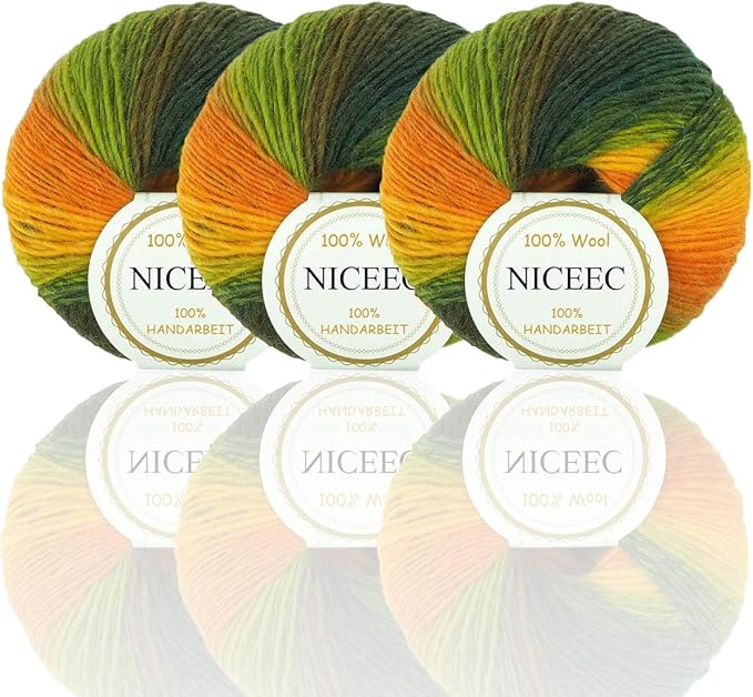 NICEEC 3 Skeins 100% Wool Rainbow Yarn Soft Gradient, Self-Striping, Colorful Single Ply Yarn for Crochet & Knitting - 4#