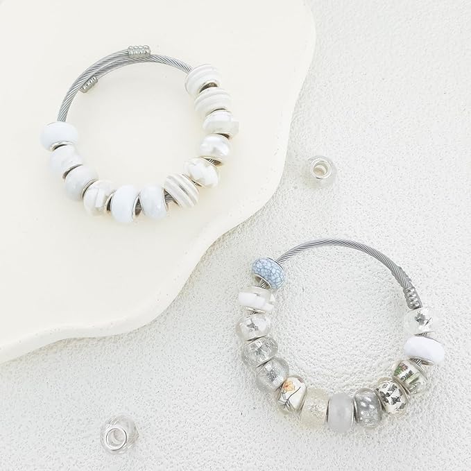 Large Hole Beads White European Beads for Pens 100 Pieces Assorted Large Hole Fairy Wand Garden Beads Lampwork Craft Spacer Beads for DIY Charms Bracelet Necklace Decoration Jewelry Making Supplies