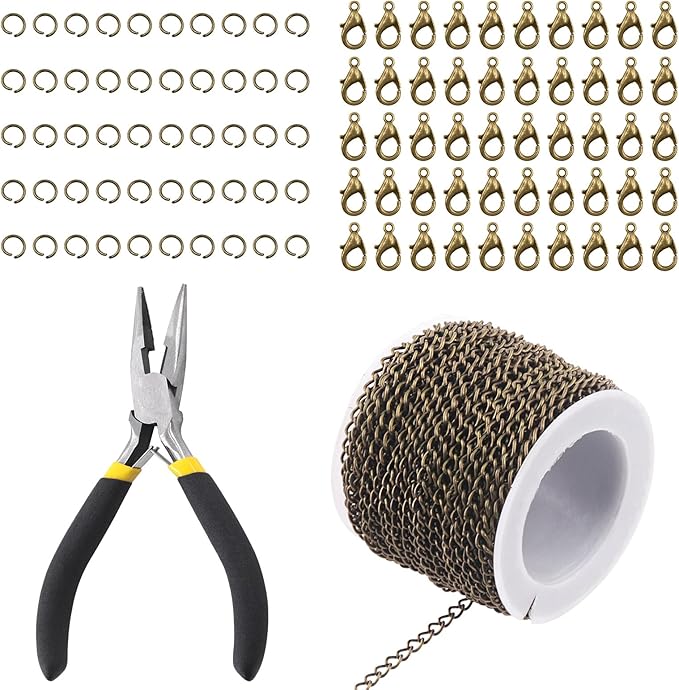 Rustark 102Pcs 4mm 30 Feet Bronze Jewelry Making Chains Kit Thin Necklace Bracelet Chain Twisted Links Curb Chain with Jump Rings Lobster Clasps and Pliers for Bracelet Necklace Jewelry Making