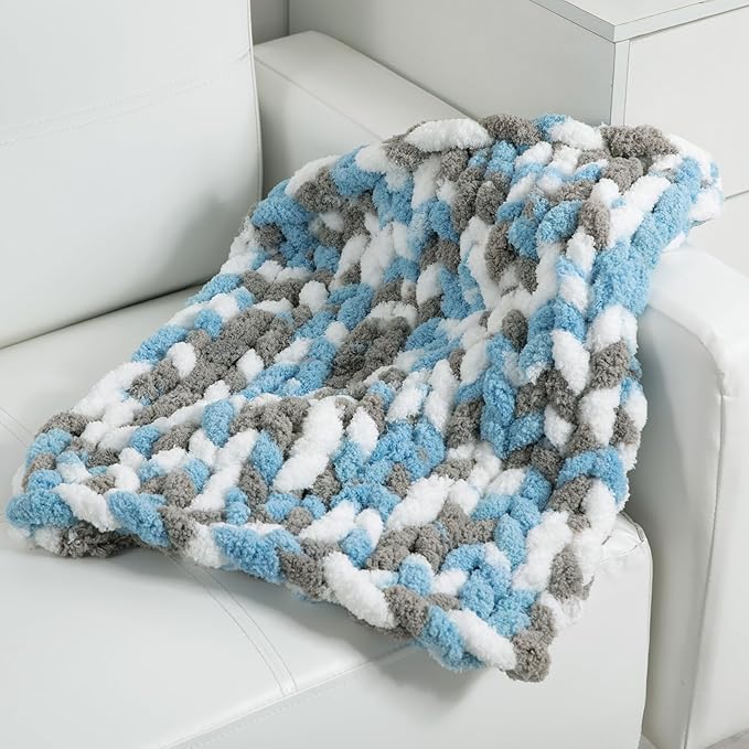 HOMBYS Chunky Tie Dye Mix Chenille Yarn for Hand Knitting, Super Bulky Jumbo Yarn for Crocheting, 3/4" Thick Soft Plush Yarn for Blankets, 8 Skein Pack (26 yds / 7.5 oz Each) Blue,Grey,White