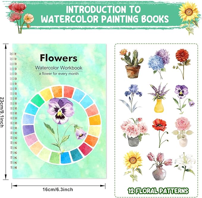Floral Watercolor Workbook for Beginners with 24 Colors Paint Set – Water Coloring Book with 12 Flower Designs, Step-by-Step Painting Guide, Relaxing Watercolor Workbook Art Kit for Adults Teens