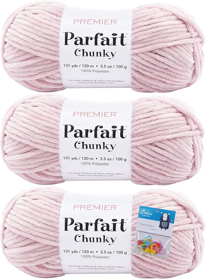 Premier Yarns Parfait Chunky Chenille Yarn 3.5 Oz 6 Super Bulky Weight 3 Pack Bundle with Bella's Stitch Place Holders (Rose)