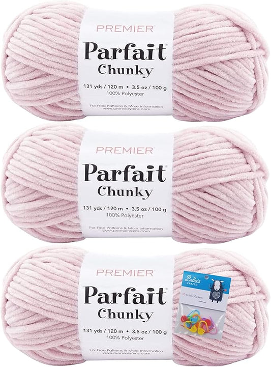 Premier Yarns Parfait Chunky Chenille Yarn 3.5 Oz 6 Super Bulky Weight 3 Pack Bundle with Bella's Stitch Place Holders (Rose)