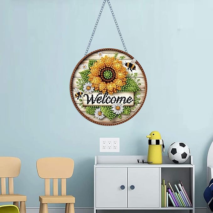 STGLCR DIY Welcome Wreath Acrylic Diamond Art Painting Kits Special Shaped Rhinestone Round Flower Bee Diamond Art Window Pendants Hanging Kits Mosaic Making Kits by Number Kits for Home Garden Wall