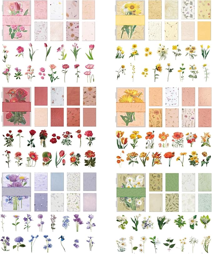 Teozeqe 186 PCS Premium Flower Scrapbook Kit – 90 PCS Big Realistic Floral PET Stickers & 96 PCS Vintage Paper for DIY Crafts, Bullet Journals & Scrapbooking 3 x 4.7 (6 in 1)