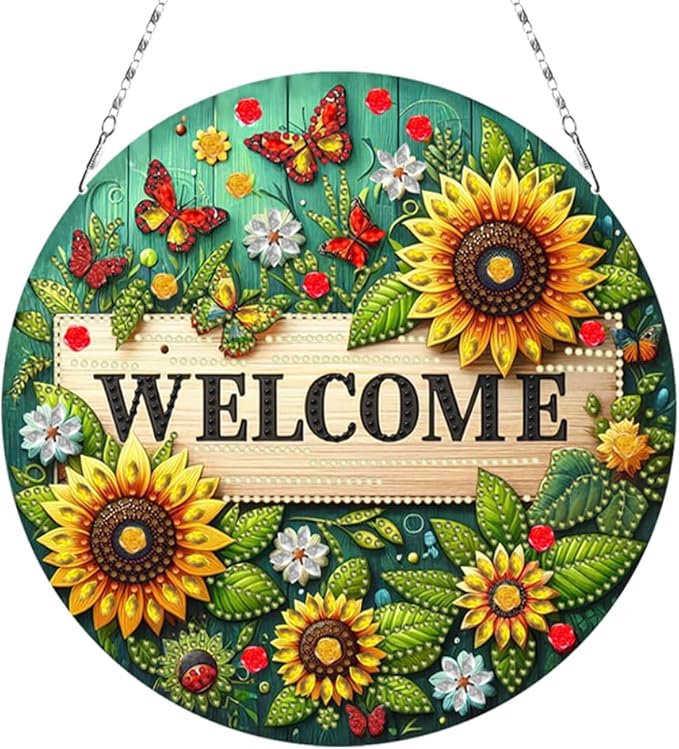 POETRYDRAW DIY Hanging Diamond Art Pendant Kit Welcome Sunflower, Special Crystal Diamonds Painting Ornament for Adults, 5D Diamond Art Suncatchers Double Sided Board Gem Painting Box Kit