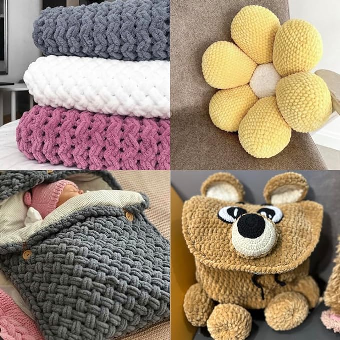 Soft Velvet Yarn Chenille Yarn for Crocheting Super Bulky 3x100g (3x75 yds) Baby Blanket Yarn for Knitting Amigurumi Yarn for Crochet Weaving Craft (Beige, 3 Skeins)
