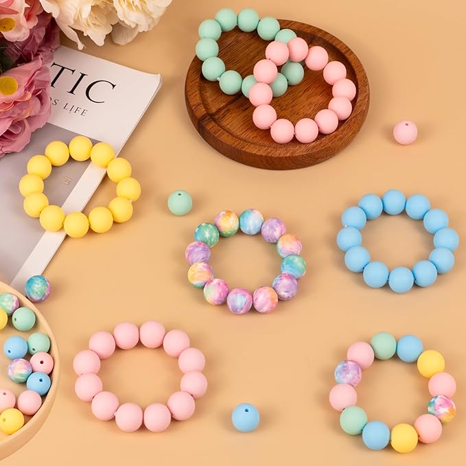 120 Pcs Silicone Beads for Keychain Making 15mm Bracelets Yellow Green Blue Mixed 6 Colors Silicone Round Beads Bulk for Crafts Pens Making