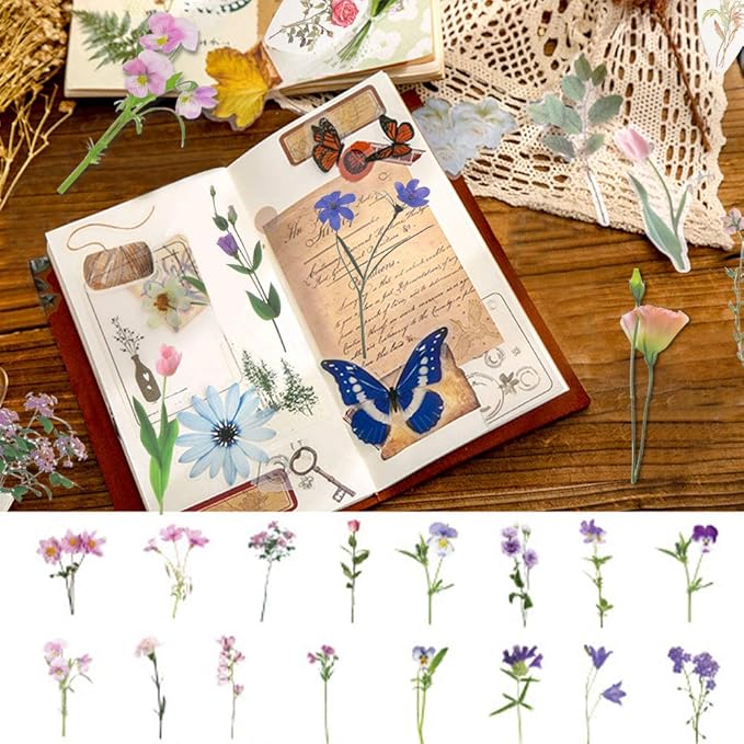 80 Pieces Natural Flower Stickers for Scrapbooking, Self-Adhesive Scrapbooking Stickers Supplies Journal for Adult Card Making Letters DIY (Style A)