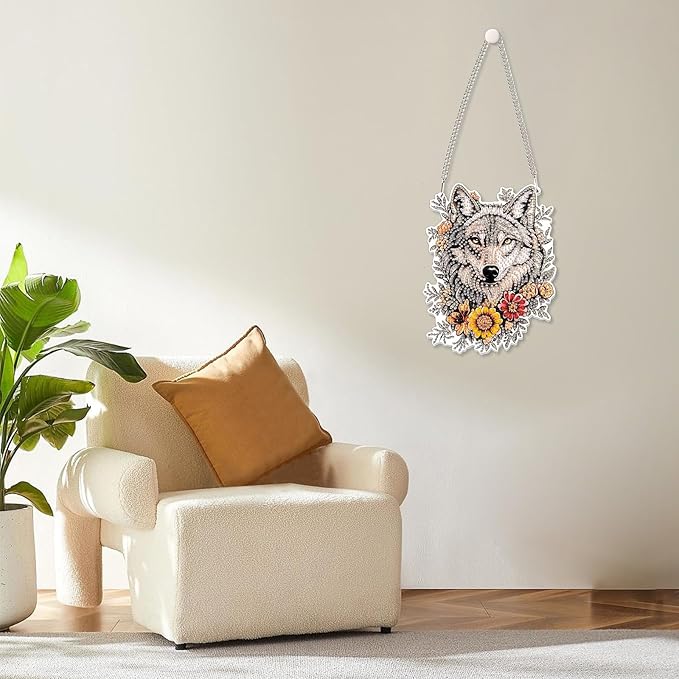 MOGTAA Wolf Diamond Art Hanging Pendant Kits, 5D Special Shape Diamond Art Kits for Adults, Crystal Rhinestones Flowers Diamond Painting Gem Art for Home Garden Wall Decor