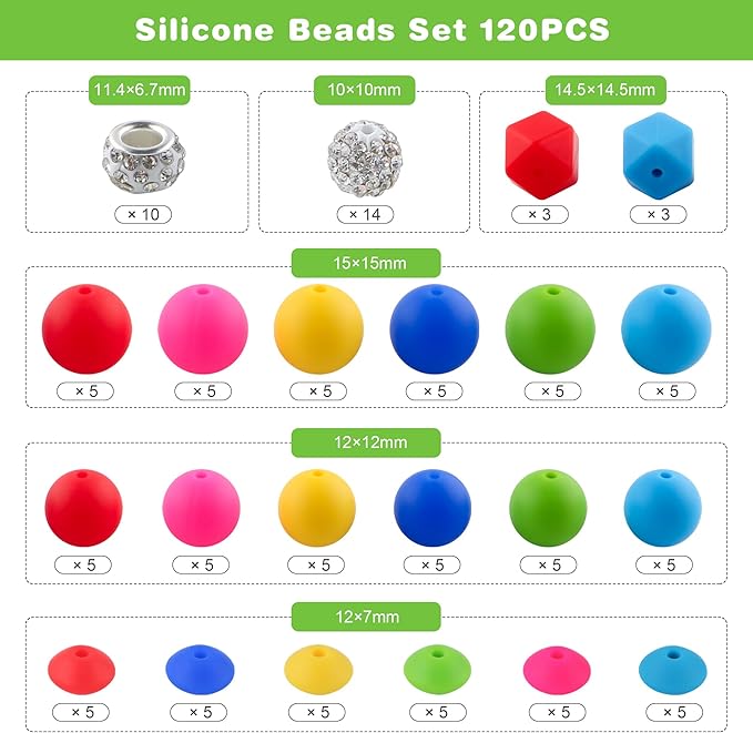 120Pcs Multicolor 12mm 15mm Silicone Beads for Keychain Making, 14mm Hexagon Beads Rhinestone Round Spacer 10mm for DIY Handicrafts(Bright)