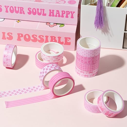 12pcs Pink Bow Washi Tape, Trendy Watercolor Pink Bow Cherry Preppy Aesthetic Decorative Tape, Cute Bowknot Heart Buffalo Plaid Artistic Tape for DIY Craft Scrapbook Wrapping Decor