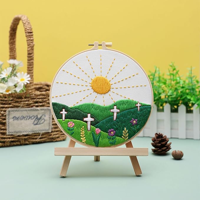 Louise Maelys Embroidery Kits for Beginners,Cross Stitch Kit for Adults,DIY Needlepoint with Easter Christian Sunrise Flowers Pattern
