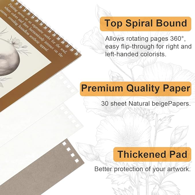 CSH 6 Pack Artist Sketch Book, 30 Sheets, 9x12 Inches, Brown Cover, for Pencil Crayon Charcoal Chalk Gouache, Spiral Bound Drawing Pad