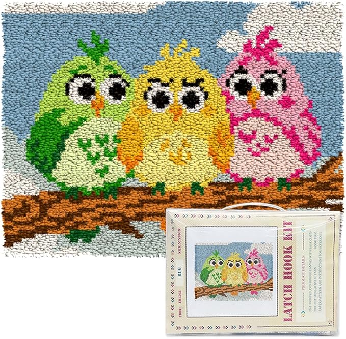 ORIGACH Funny Bird Latch Hook Rug Kit for Adults Printed Rug Making Kit Handmade Carpet Tapestry Cover with Hook Latch and Preprinted Canvas, Home Arts Crafts Sofa Decor, 20.5x15inch