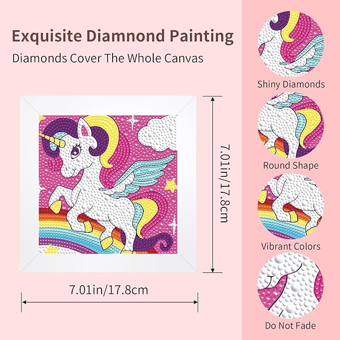 FlyingMage 5D Diamond Art Painting Kits with Wooden Frame, Cute DIY Diamond Art Mosaic Kits for Adults Women Teen, Kawaii Diamond Crafts Arts Full Drill Diamond Dots (Pink Unicorn)
