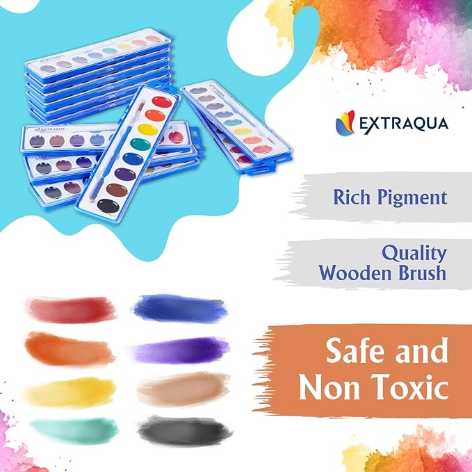 Watercolor Paint Sets for Kids - Bulk Pack of 12 with 8 Washable Paint & Brush - Perfect Kids Painting Set for Classrooms, Party Favours & Creative Fun