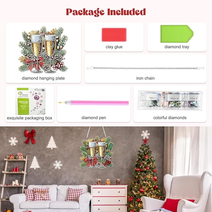 RICUVED Christmas Hanging Diamond Art Kit for Adults, Special Shaped Crystal Gem Craft Diamond Painting Pendant Kit for Beginners, DIY Hanging Acrylic Art Ornament for Home Garden Wall Decor