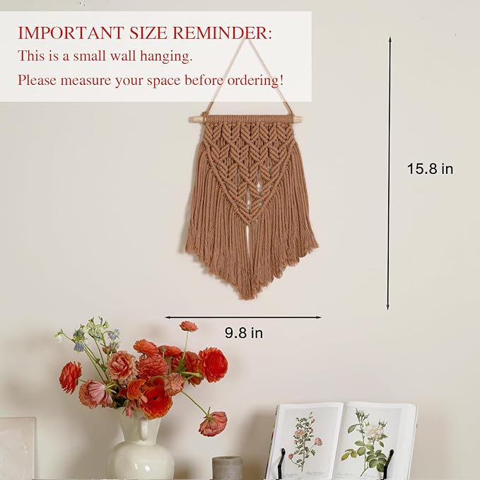 small macrame wall hanging decor boho tapestry for bedroom living room dorm nursery and office, cute aesthetic wall art for small spaces for teen girls and home decor (toffee brown, 16*10 inch)
