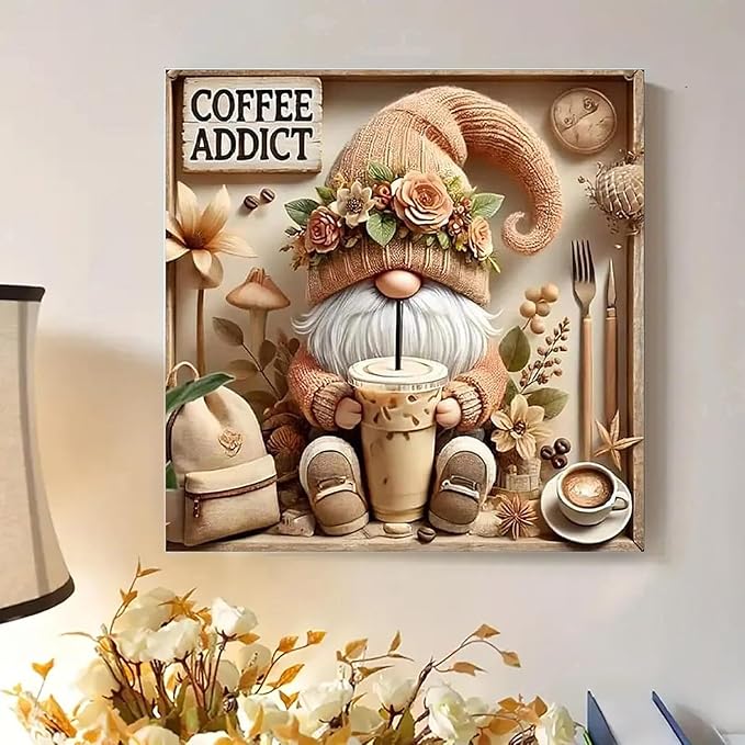 BYGFHLYW Diamond Art Painting Kits for Adults, Gnome Drinks Coffee 5D Diamond Painting Dots Art Kits for Adults Beginner, DIY Full Round Gem Crystal Art Paint by Diamond, Home Wall Decor 12 x 12 in