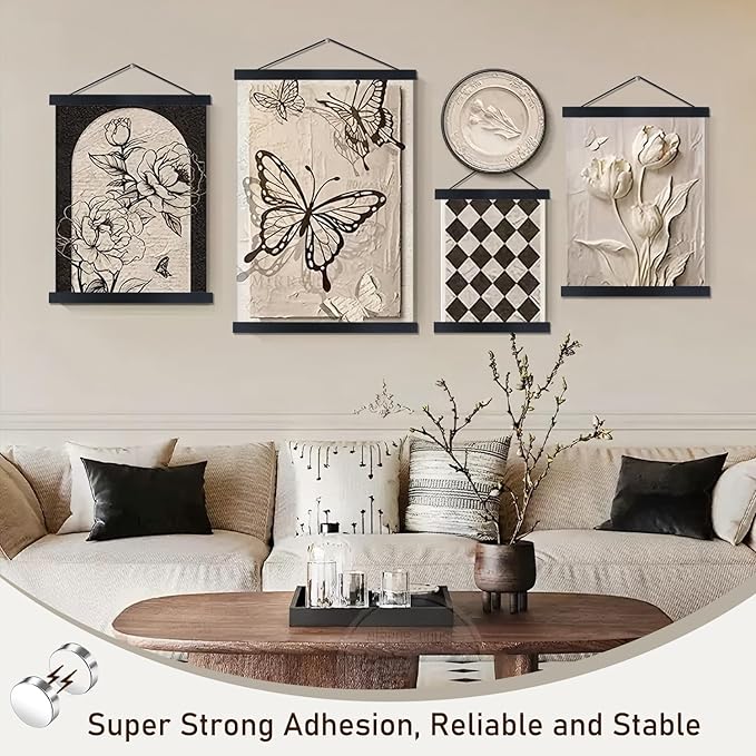 Artmag Magnetic Poster Hanger Frame, 16x24 16x22 16x20 Light Wood Wooden Magnet Canvas Artwork Print Poster Hangers Frames Hanging Kit (Black, 16")