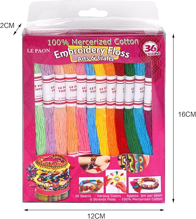Embroidery Floss Friendship Bracelets Floss 36 Skeins Per Pack dy le paon Crafts Floss Cross Stitch Threads and Free Set of Free Friendship Wheel 100% Long Staple Cotton