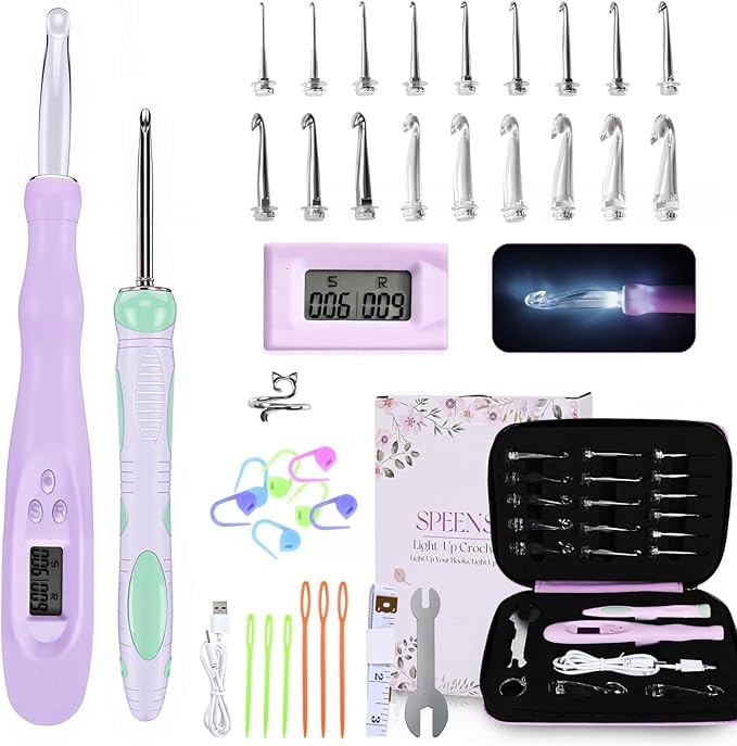 SPEENSUN Light Up Crochet Hook Set with Stitch/Row Counter, 18 Replaceable Heads (2mm-14mm) Crochet Hooks, Bright/Low Light Modes with Ergonomic Handle, 7-9hrs Runtime, Gift Box for Crafters