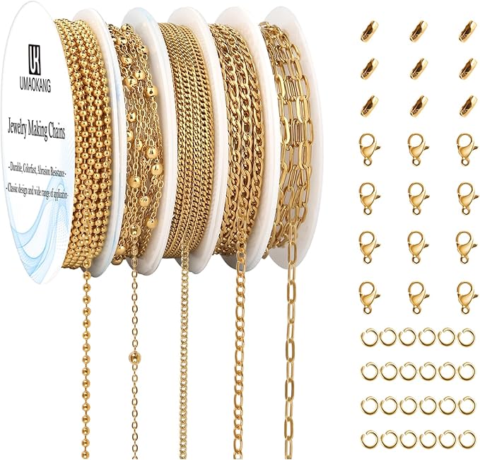 UMAOKANG 12 Meters 5 Rolls Stainless Steel Jewelry Making Chains Gold Plated Chain for Jewelry Making Jewelry Supplies Findings