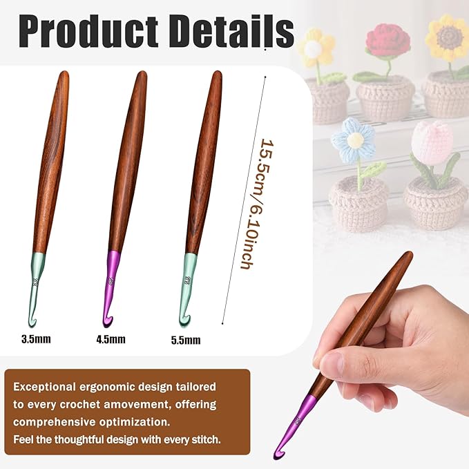 Giwrmu Crochet Hooks Set, Ergonomic Crochet Hooks 3 Pcs, Colored Aluminum Crochet Hook with Wooden Handle for Arthritic Hands Knitted Doll, Gloves, Sweaters, Blankets - 3.5mm/4.5mm/5.5mm