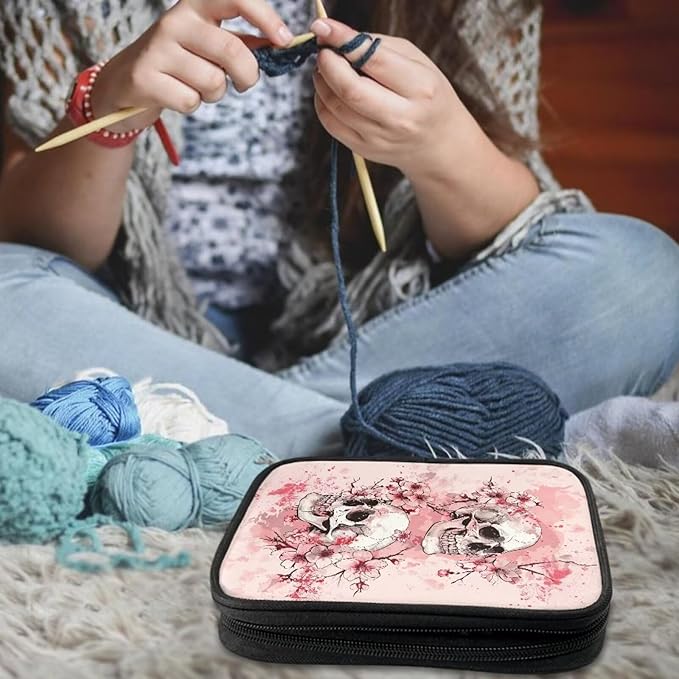 Hechitok Cherry Blossom Skull Crochet Hook Case, Zipper Storage Organizer Bag with Web Pockets for Crochet Needles/Knitting Accessories/Crochet Hook Kit Tools Easy to Hold