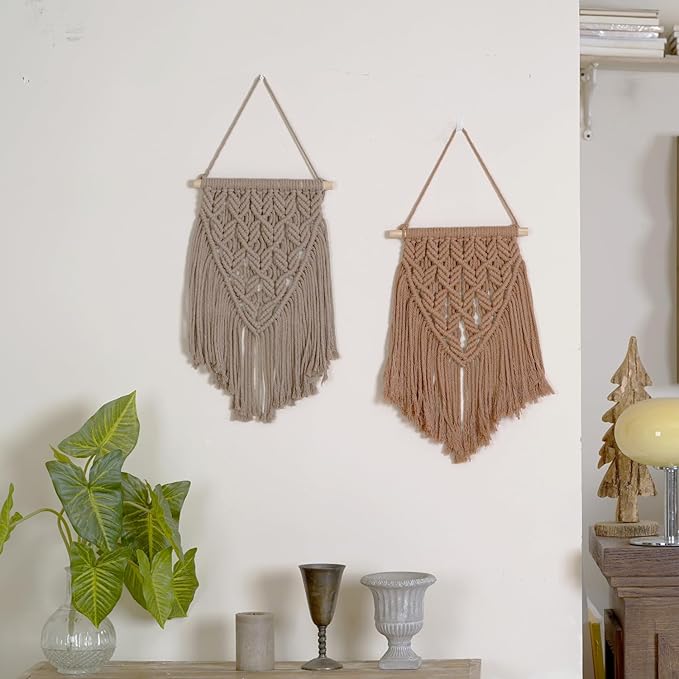 small macrame wall hanging decor boho tapestry for bedroom living room dorm nursery and office, cute aesthetic wall art for small spaces for teen girls and home decor (toffee brown, 16*10 inch)