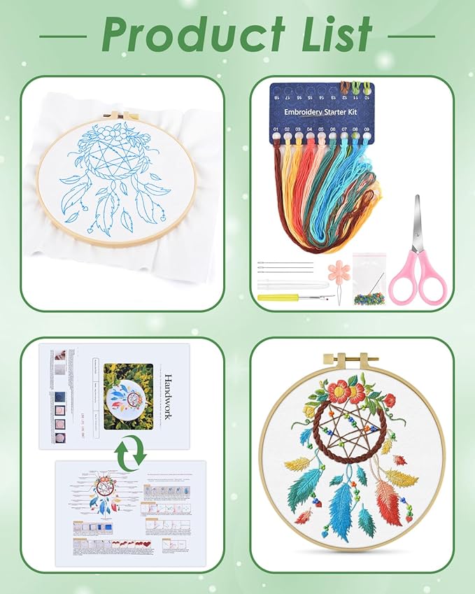 ERKOON Embroidery Kit for Beginners, Flower Cross Stitch Set for Include Embroidery Cloth Hoops Threads for Craft Lover Hand Stitch with Embroidery Skill Techniques (Dreamcatcher)