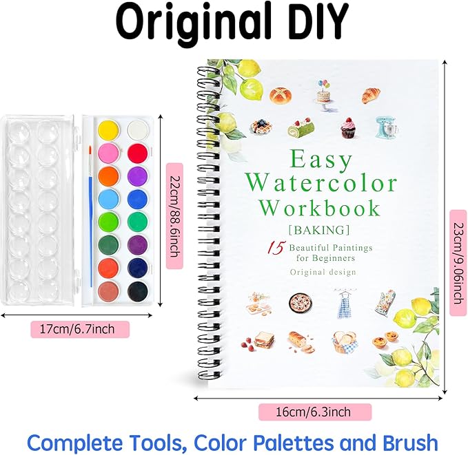 SLWBZ Watercolor Workbook Baking, 15 Different Patterns of Original DIY Designs, 16 Color Watercolor Paint Plates with Palette and Brush, Beginner-Friendly Watercolor Workbooks, Baking