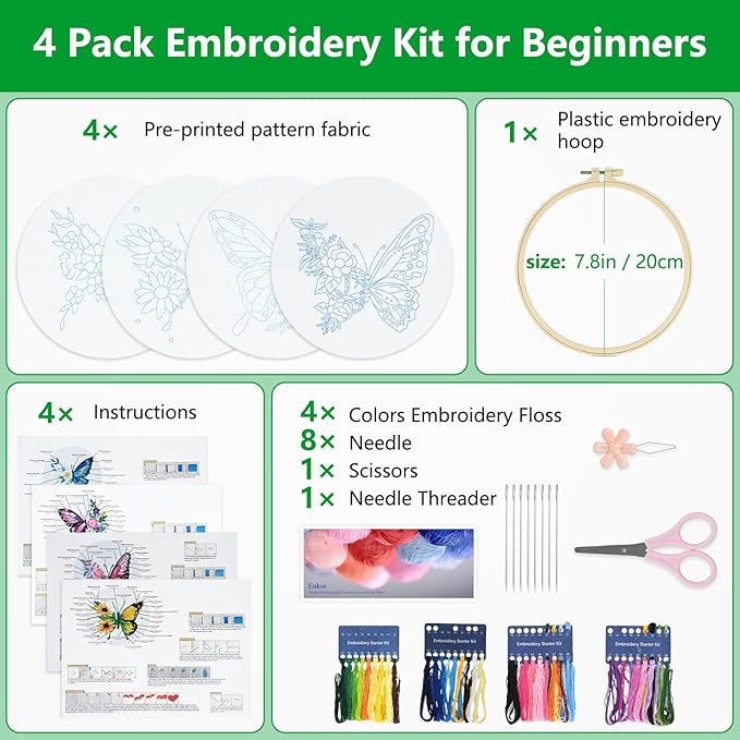 Enkor 4 Sets Embroidery Kit for Beginners Adults-Cross Stitch Kits for Beginner Easy to Learn Stitches from Instruction Video Needlepoint Kits with Stamped Embroidery Pattern-Butterfly B4