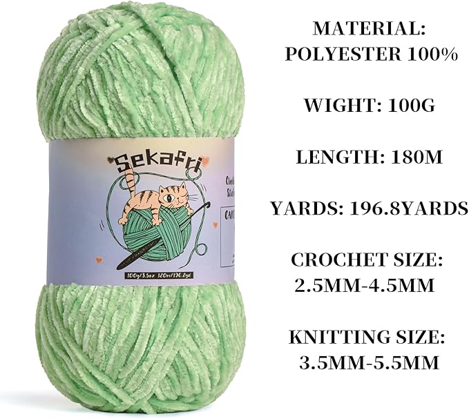 3 Pack of 300g (590yds) Fuzzy Chenille Yarn for Crocheting,Fluffy Amigurumi Crochet Yarn for DIY Craft/Hat/Clothes, Soft Velvet Baby Blanket Yarns（3 Light Green）