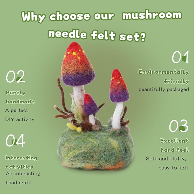Yizzvb Mushroom Needle Felting Kit, Felt Kits for Beginners Adult, Wool Felting Kit with Felting Pad, Felting Needles and Instruction for DIY Lovers DIY Craft Home Decoration Party Supplies