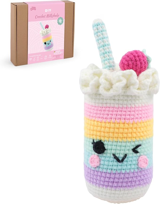 HOUSE CREATIVITY Beginner Crochet Kit for Adults, Beginners Crocheting Knitting Kit with Yarn Sets, Step-by-Step Video Tutorials,Animal Craft Kit, Holiday Birthday Gifts(Cup with Straw)