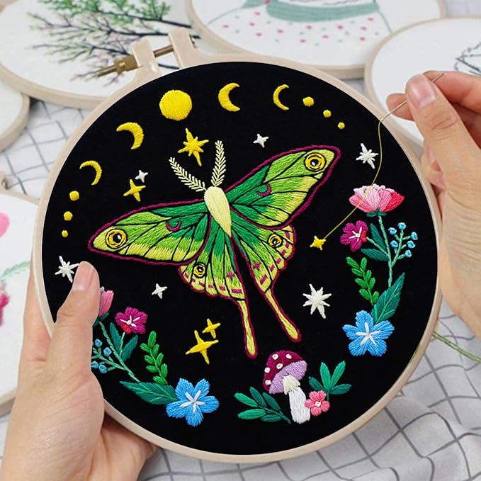 Nuberlic Moth Embroidery Kits for Beginners - Embroidery Starter Cross Stitch Kit DIY Needlepoint Including Cloth with Pattern, Hoop, Needles Instruction and Threads