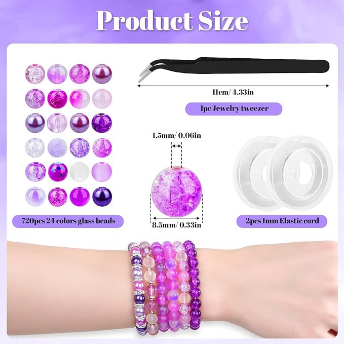 PAXCOO 720pcs Glass Beads for Jewelry Making 8mm, 24 Colors Bead Bracelet Making Kit Purple Round Loose Beads for Bracelet Earring Necklace Jewelry Making Supplies