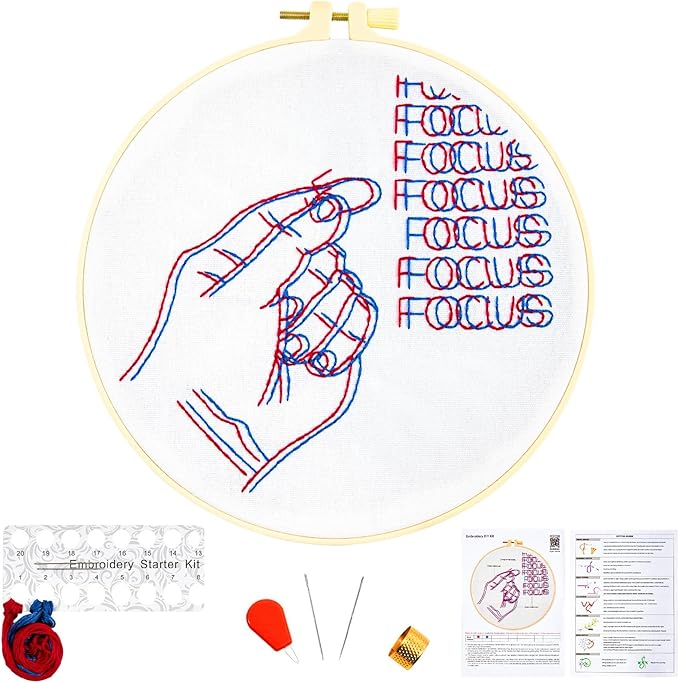 Crafmanoe Easy Hand Embroidery Kits for Beginners Adults, Focus Embroidery Starter Kits, Counted Cross Stitch Kits for Beginners Craft Kits for Adults Women, Embroidery Hoops, Thread & Video Tutorial